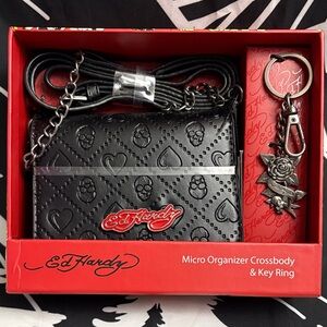 Ed Hardy Black Crossbody Micro Organizer with Red Logo and Silver Key Ring